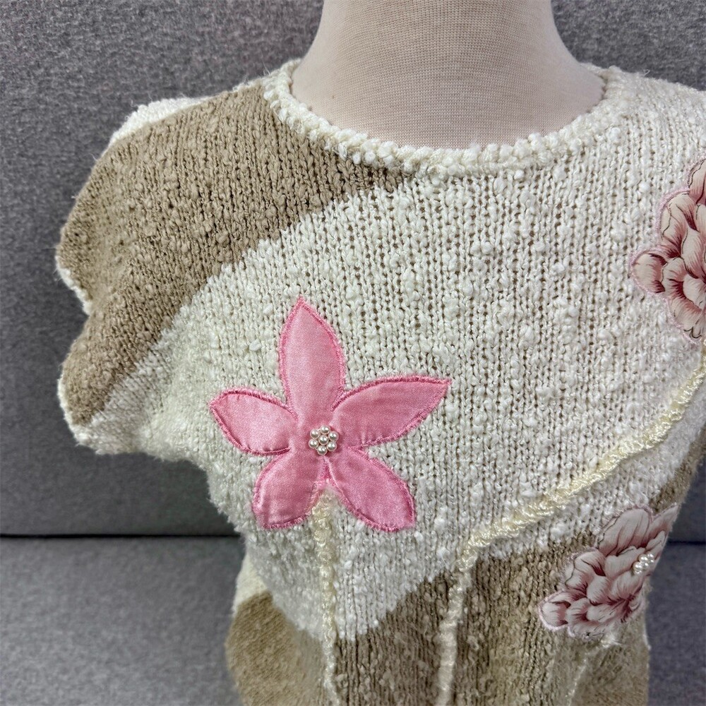Vintage Palm Springs Yacht Club Sweater Womens M Ivory Boucle Floral Applique - Picture 3 of 11